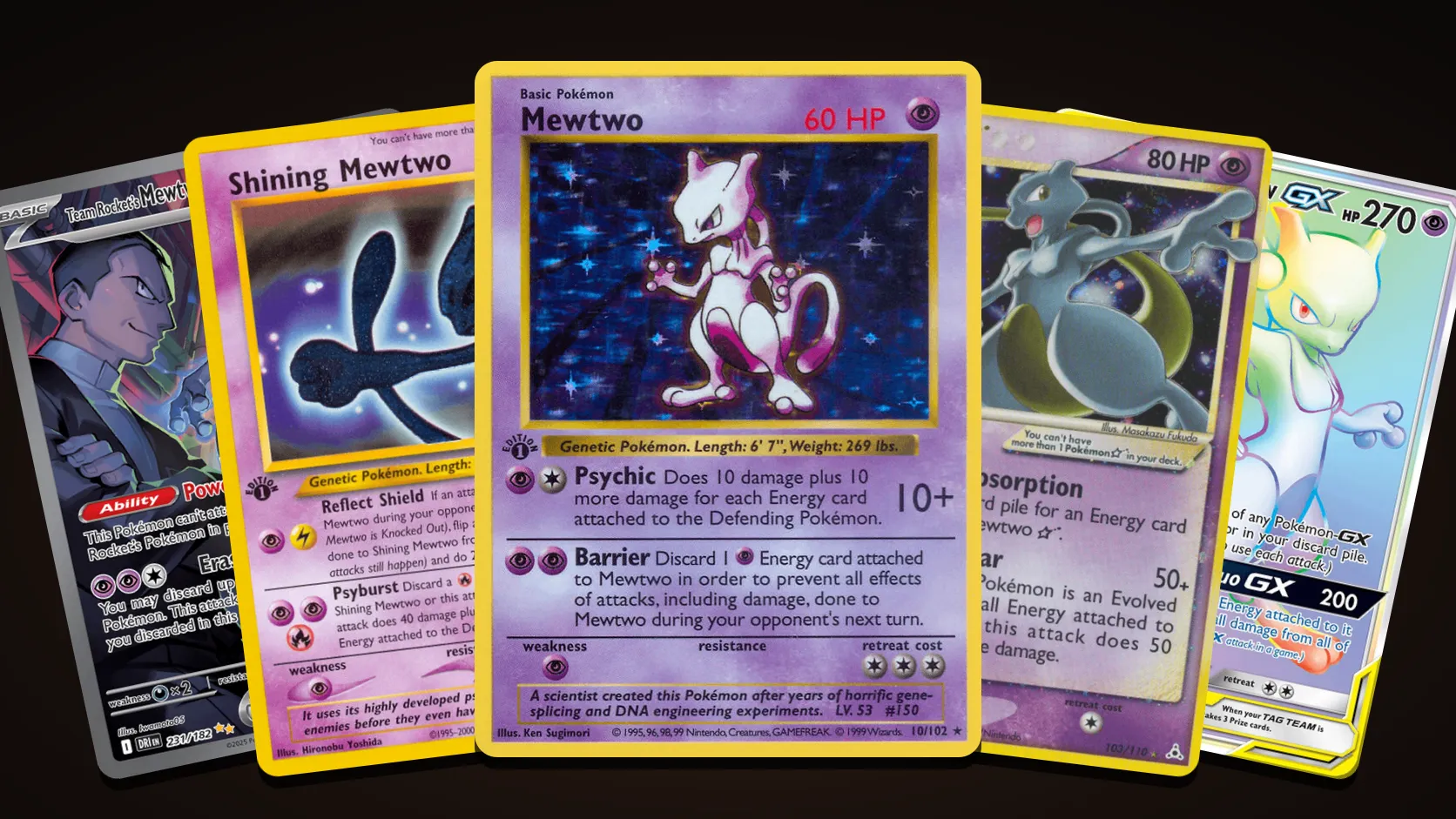 Five Mewtwo Pokémon cards fanned out: the 1st Edition Base Set Mewtwo in the centre, with Team Rocket's Mewtwo ex, Shining Mewtwo, the Gold Star Mewtwo and the rainbow Mewtwo & Mew GX